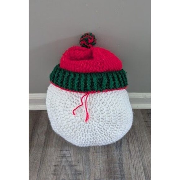 Vintage Handmade Knit Crochet 12" Round Snowman Face w/Hat Pillow - Picture 3 of 4